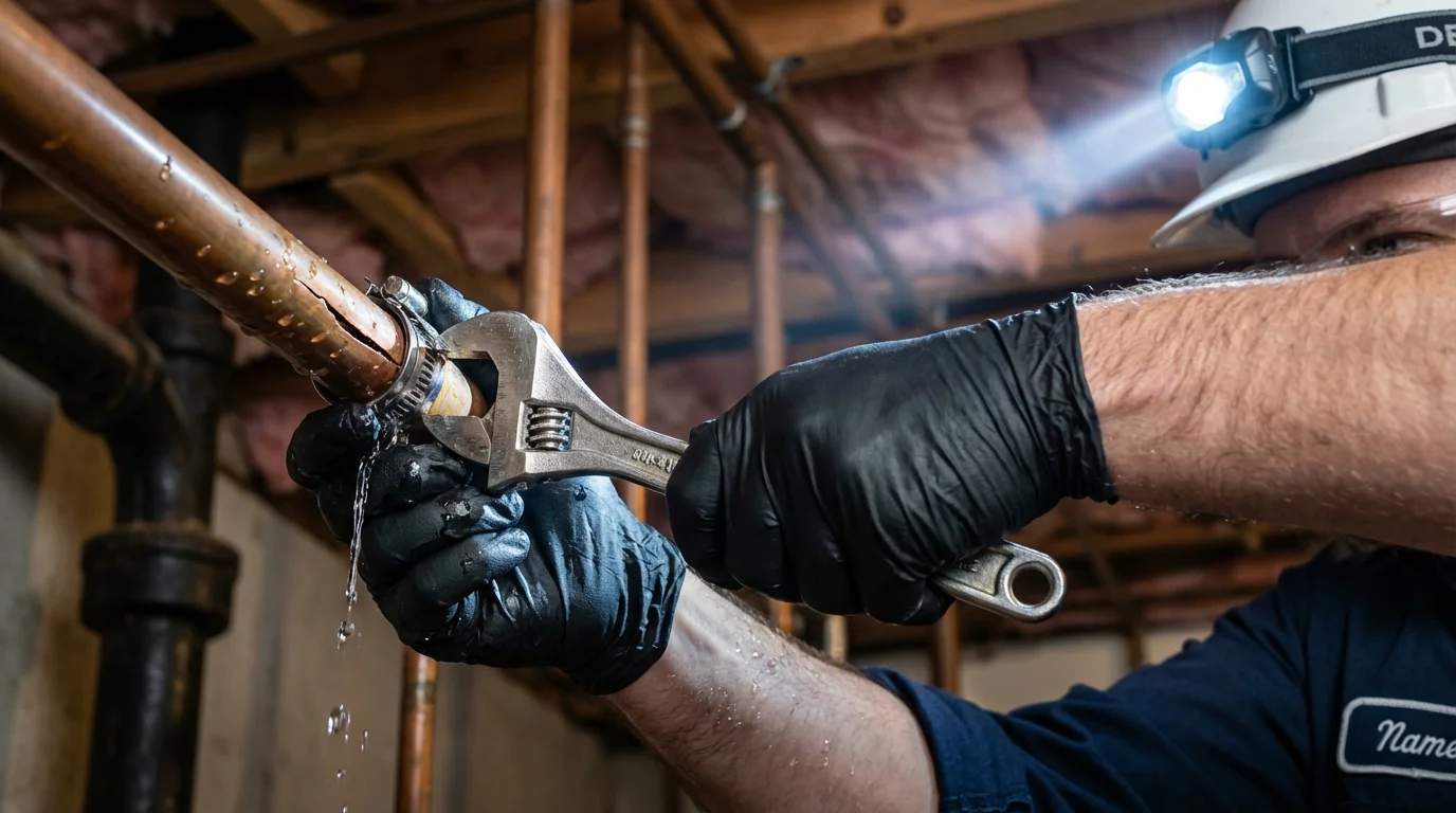 Emergency pipe clamp repair being performed by a Johns Plumbing LLC plumber in Linn